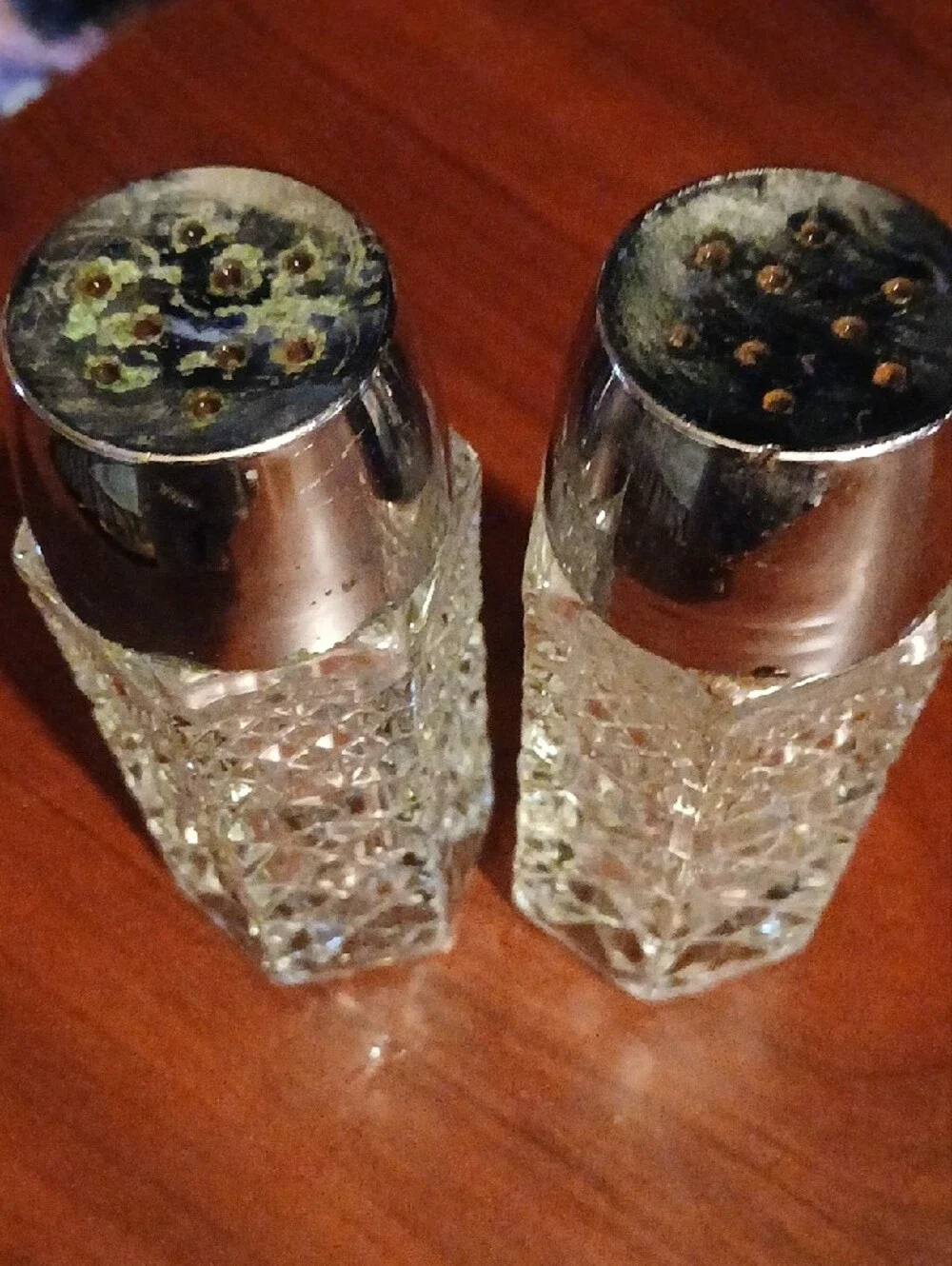 Cut Glass Salt and Pepper Shakers with Silver-Tone Lids